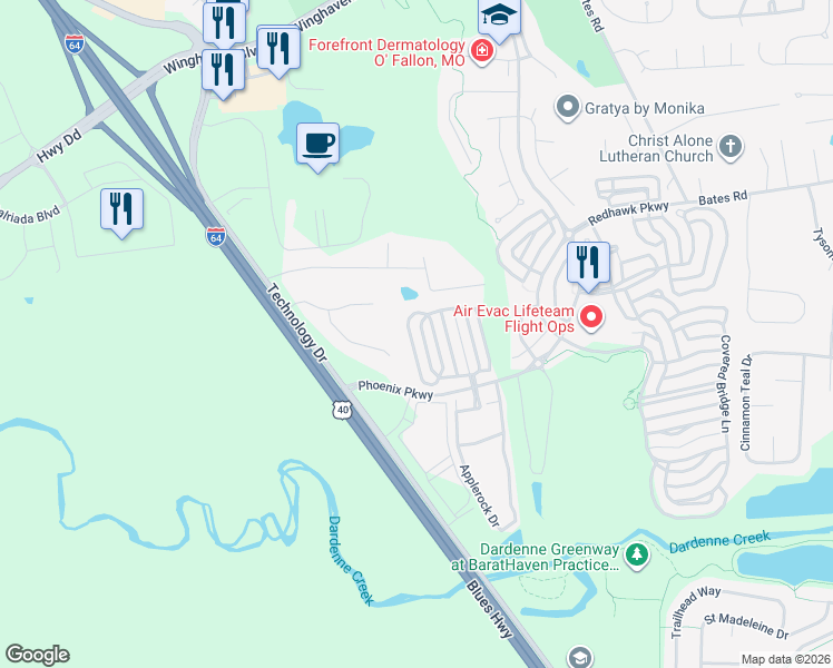 map of restaurants, bars, coffee shops, grocery stores, and more near 119 Hawks Haven Drive in O'Fallon