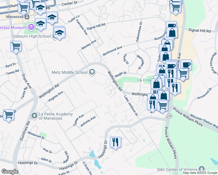 map of restaurants, bars, coffee shops, grocery stores, and more near 8600 Liberty Trail in Manassas