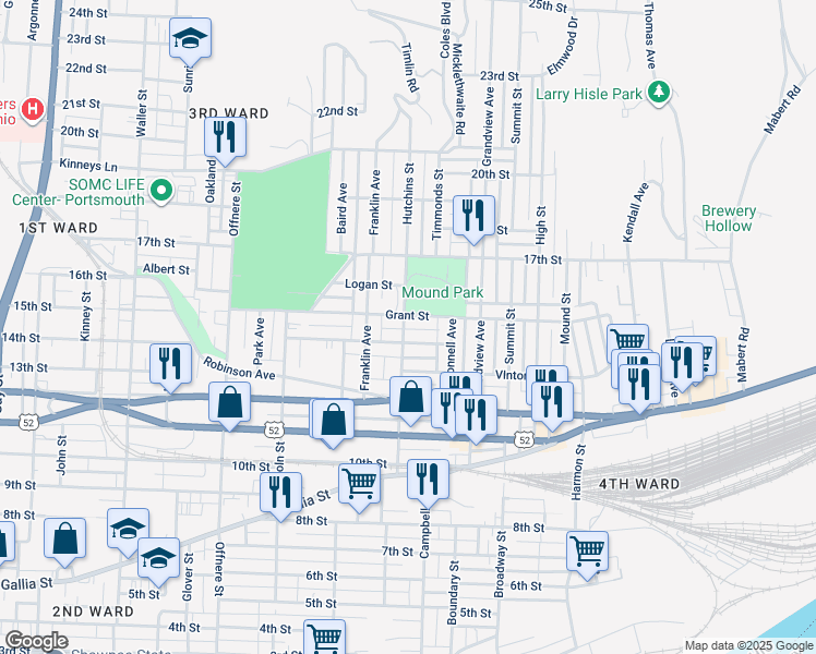 map of restaurants, bars, coffee shops, grocery stores, and more near 1414 Hutchins Street in Portsmouth