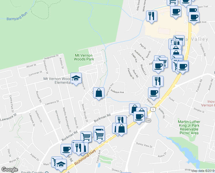 map of restaurants, bars, coffee shops, grocery stores, and more near 7986 Janna Lee Avenue in Alexandria