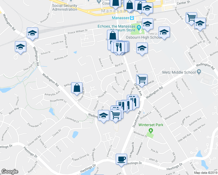 map of restaurants, bars, coffee shops, grocery stores, and more near 9237 Hood Road in Manassas
