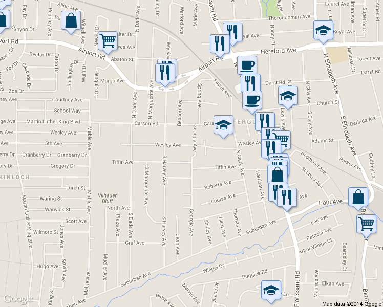 map of restaurants, bars, coffee shops, grocery stores, and more near 115 Georgia Avenue in Ferguson