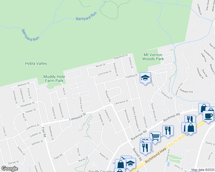 map of restaurants, bars, coffee shops, grocery stores, and more near 7925 Russell Road in Alexandria