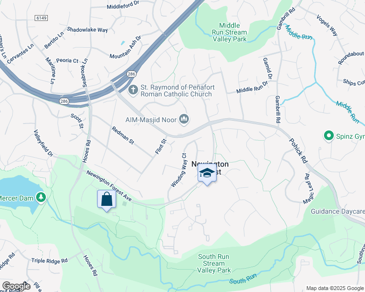 map of restaurants, bars, coffee shops, grocery stores, and more near 8062 Winding Way Court in Springfield