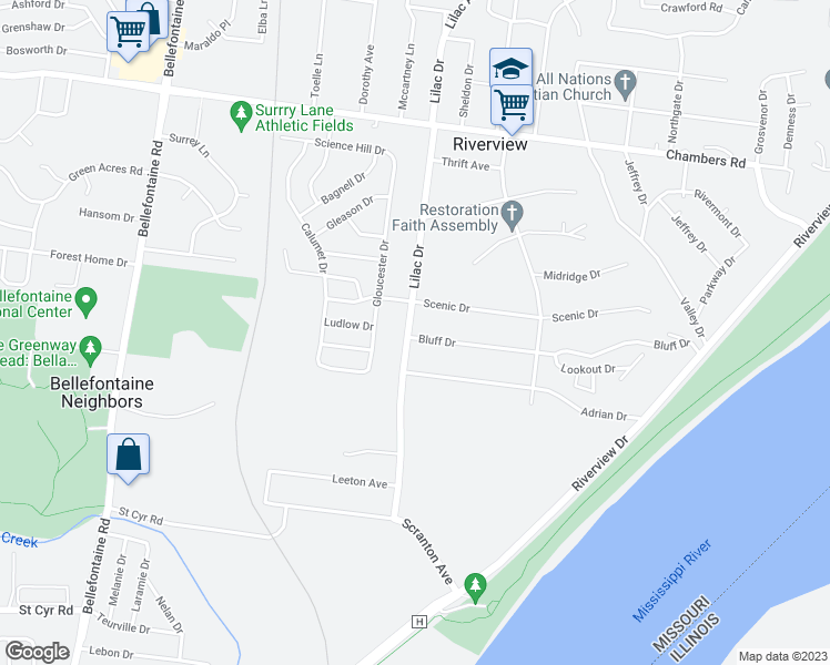 map of restaurants, bars, coffee shops, grocery stores, and more near 499 Bluff Drive in St. Louis