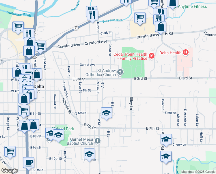 map of restaurants, bars, coffee shops, grocery stores, and more near 435 B Street in Delta