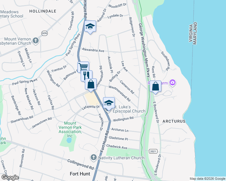 map of restaurants, bars, coffee shops, grocery stores, and more near 1151 Westmoreland Road in Alexandria