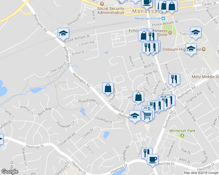 map of restaurants, bars, coffee shops, grocery stores, and more near 9245 Berkshire Street in Manassas