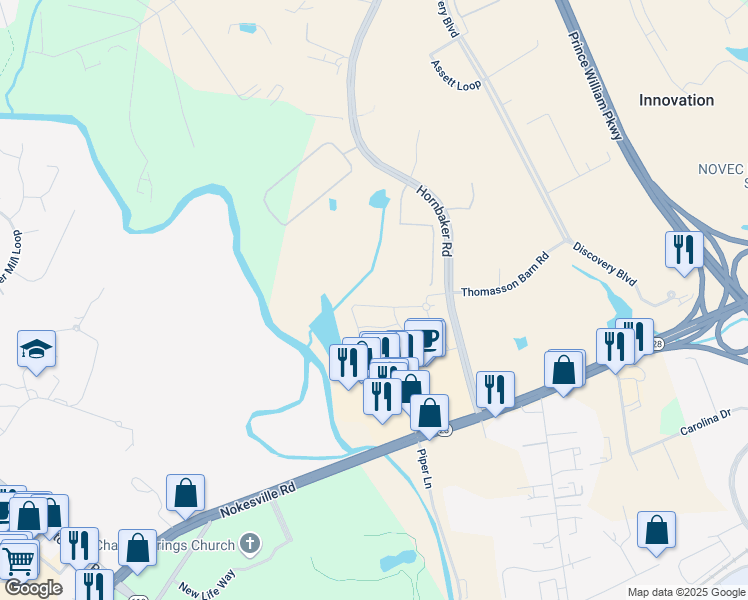 map of restaurants, bars, coffee shops, grocery stores, and more near 9955 Shallow Creek Loop in Manassas