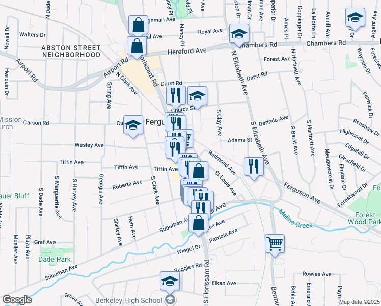map of restaurants, bars, coffee shops, grocery stores, and more near 21 Adams Street in Ferguson