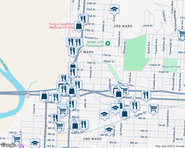 map of restaurants, bars, coffee shops, grocery stores, and more near 1412 Kinney Street in Portsmouth