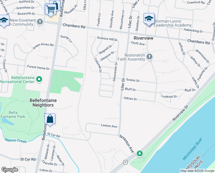 map of restaurants, bars, coffee shops, grocery stores, and more near 627 Marshfield Drive in St. Louis