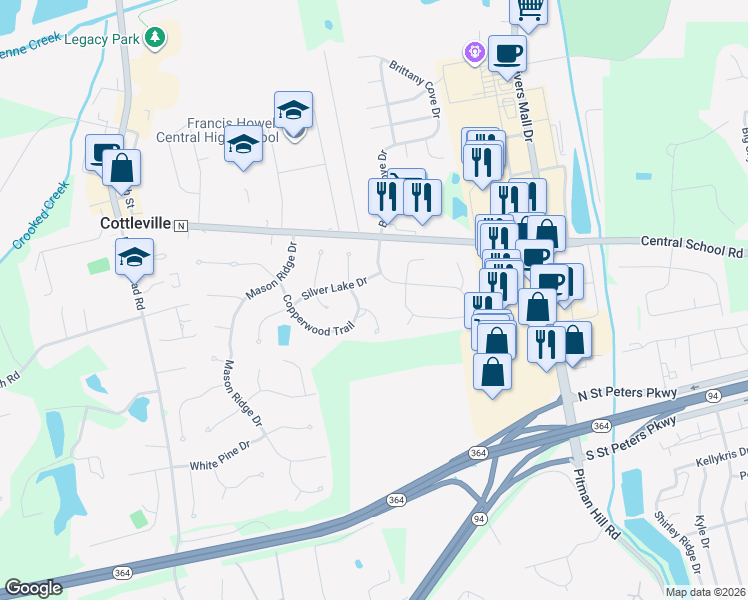 map of restaurants, bars, coffee shops, grocery stores, and more near 24 Country Lane Court in Saint Charles