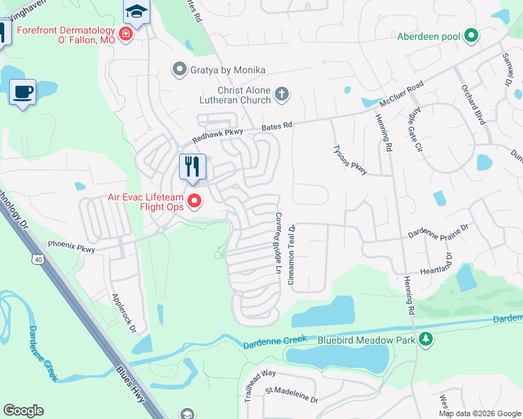 map of restaurants, bars, coffee shops, grocery stores, and more near 682 Rolling Thunder Drive in O'Fallon
