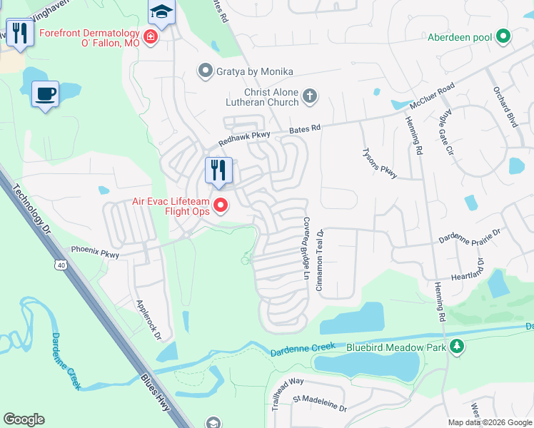 map of restaurants, bars, coffee shops, grocery stores, and more near 682 Rolling Thunder Drive in O'Fallon