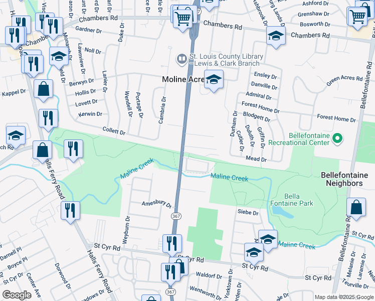 map of restaurants, bars, coffee shops, grocery stores, and more near 1289 Prestige Lane in St. Louis
