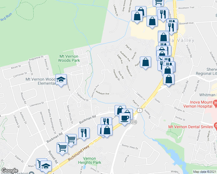 map of restaurants, bars, coffee shops, grocery stores, and more near 7974 Audubon Avenue in Alexandria