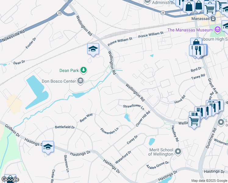 map of restaurants, bars, coffee shops, grocery stores, and more near 9318 Camphor Court in Manassas