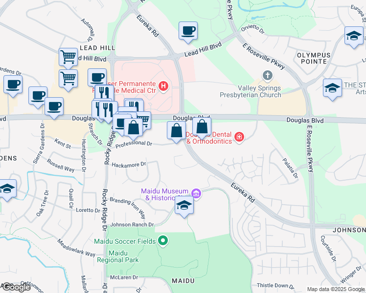 map of restaurants, bars, coffee shops, grocery stores, and more near 1700 Eureka Road in Roseville