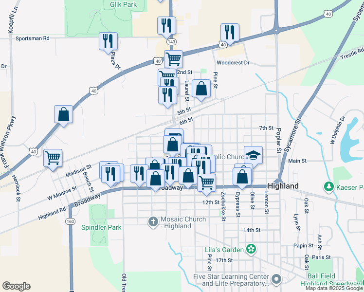 map of restaurants, bars, coffee shops, grocery stores, and more near 808 Laurel Street in Highland