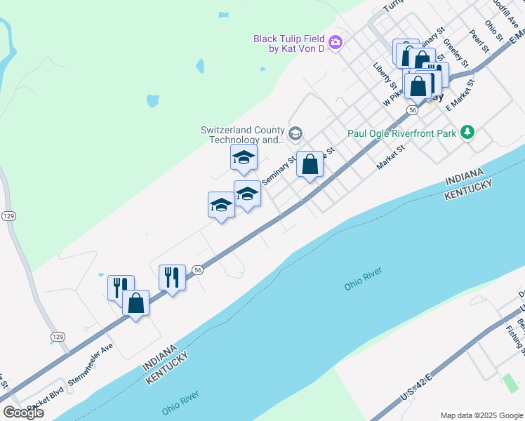 map of restaurants, bars, coffee shops, grocery stores, and more near 1002 West Main Street in Vevay