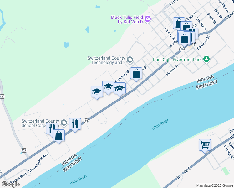 map of restaurants, bars, coffee shops, grocery stores, and more near 1002 West Main Street in Vevay