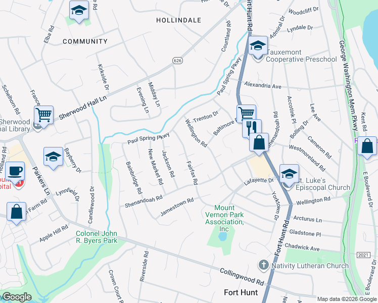 map of restaurants, bars, coffee shops, grocery stores, and more near 7917 Fairfax Road in Alexandria