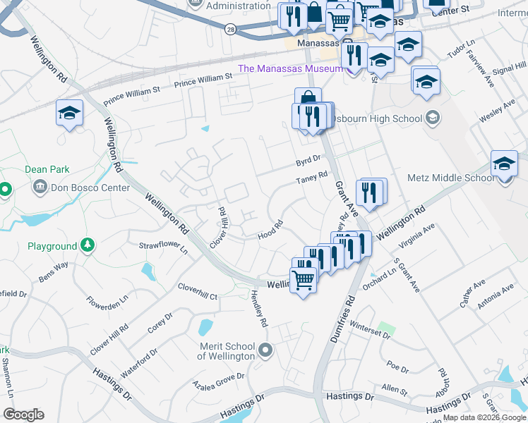 map of restaurants, bars, coffee shops, grocery stores, and more near 9296 Taney Road in Manassas