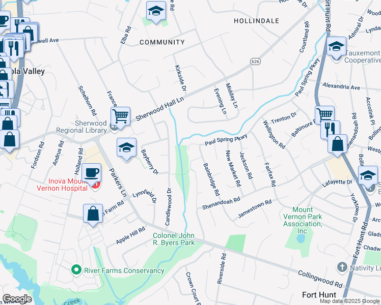 map of restaurants, bars, coffee shops, grocery stores, and more near 2207 Paul Spring Parkway in Alexandria