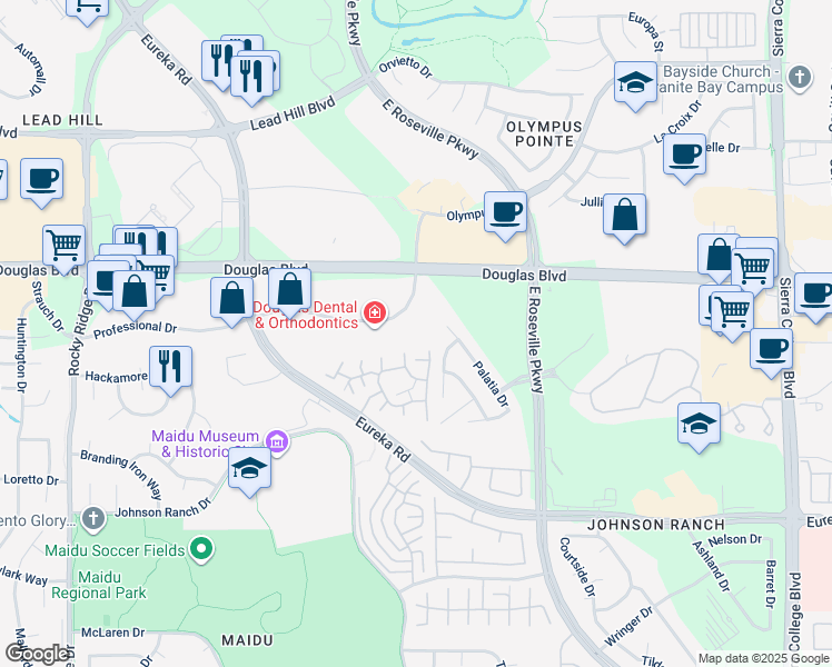 map of restaurants, bars, coffee shops, grocery stores, and more near 2540 Douglas Blvd in Roseville