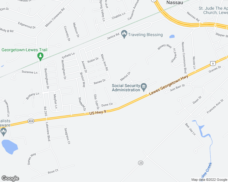 map of restaurants, bars, coffee shops, grocery stores, and more near 17933 Windward Drive in Lewes