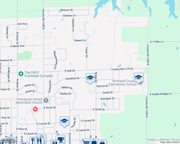 map of restaurants, bars, coffee shops, grocery stores, and more near 1315 East Hall Street in Olney