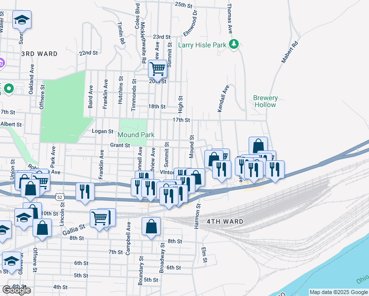 map of restaurants, bars, coffee shops, grocery stores, and more near 2210 Grant Street in Portsmouth