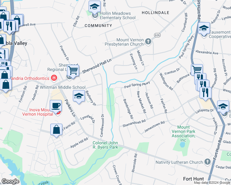 map of restaurants, bars, coffee shops, grocery stores, and more near 2207 Paul Spring Parkway in Alexandria
