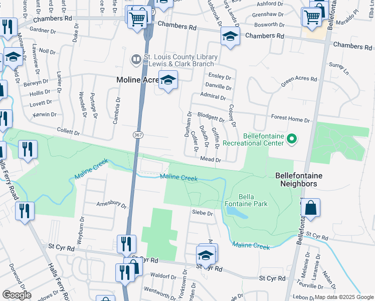 map of restaurants, bars, coffee shops, grocery stores, and more near 9606 Durham Drive in St. Louis