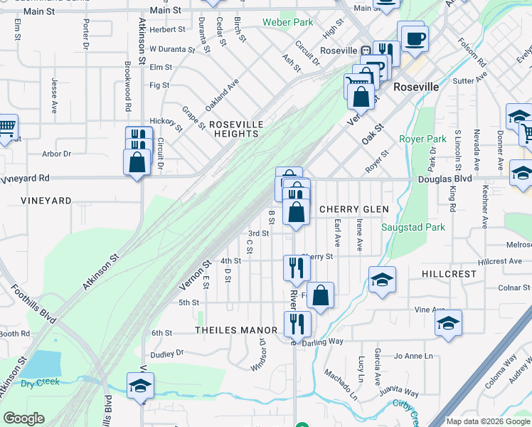 map of restaurants, bars, coffee shops, grocery stores, and more near 1051 Vernon Street in Roseville
