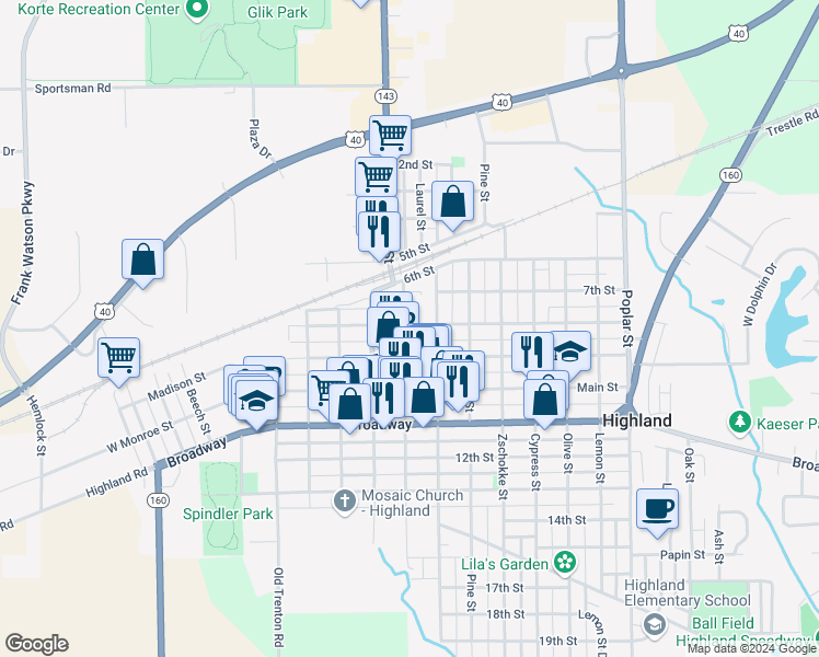 map of restaurants, bars, coffee shops, grocery stores, and more near 808 Laurel Street in Highland