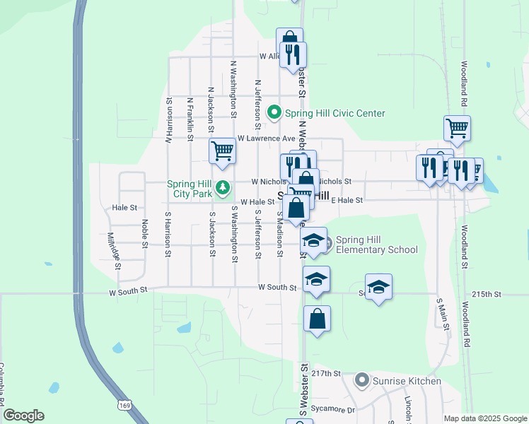 map of restaurants, bars, coffee shops, grocery stores, and more near 300 West Johnson Street in Spring Hill