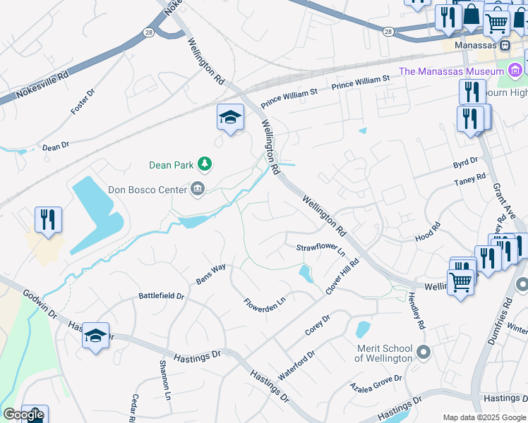 map of restaurants, bars, coffee shops, grocery stores, and more near 10126 Lavender Flower Court in Manassas