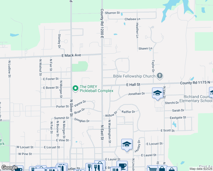 map of restaurants, bars, coffee shops, grocery stores, and more near 1104 North East Street in Olney