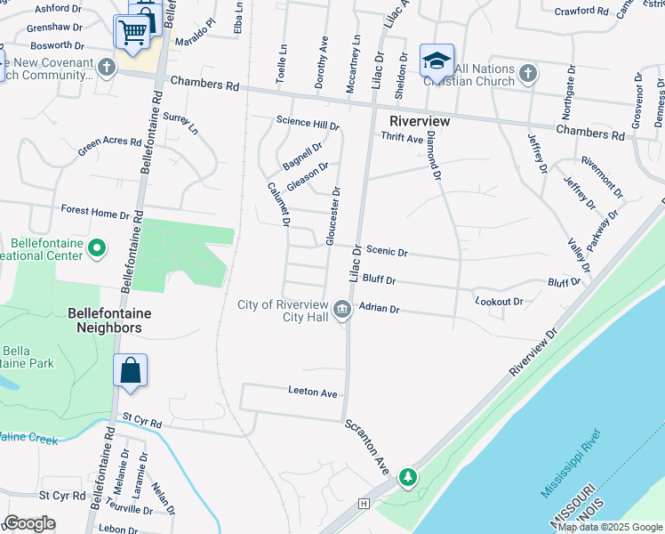 map of restaurants, bars, coffee shops, grocery stores, and more near 9736 Gloucester Drive in St. Louis