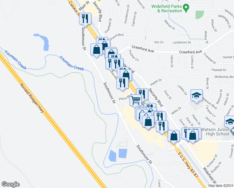 map of restaurants, bars, coffee shops, grocery stores, and more near 6652 Provincial Drive in Fountain