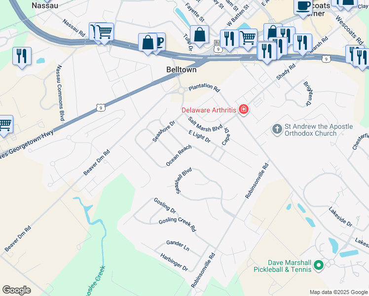 map of restaurants, bars, coffee shops, grocery stores, and more near 32954 Sandstone Drive in Lewes