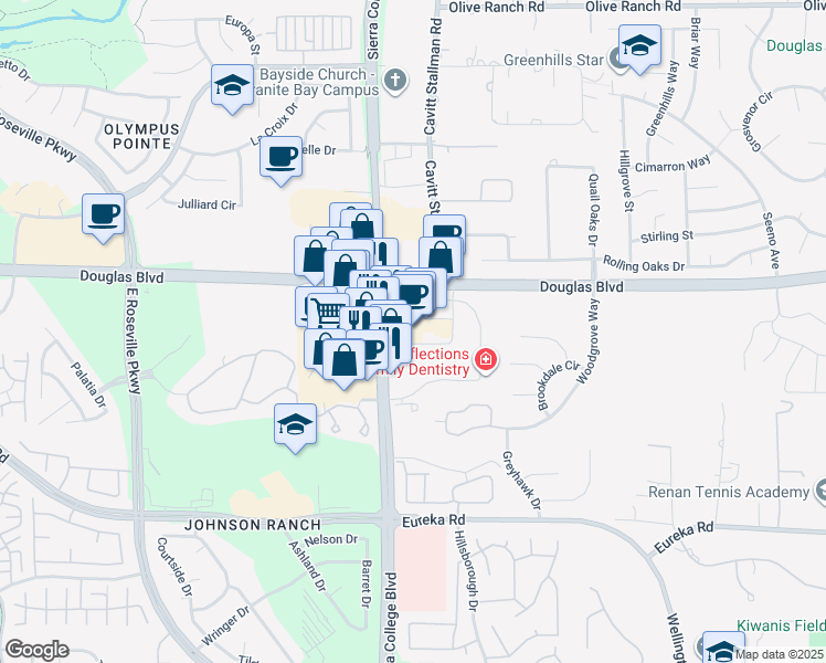 map of restaurants, bars, coffee shops, grocery stores, and more near 4060 Douglas Boulevard in Granite Bay