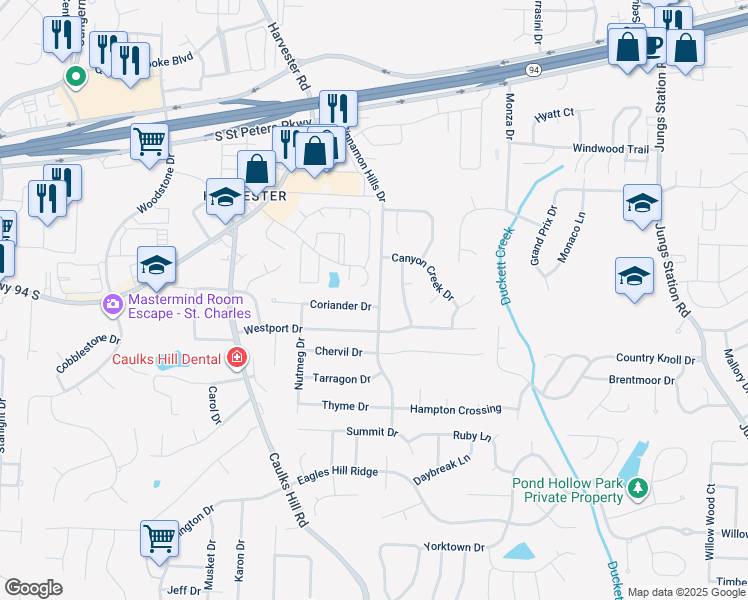 map of restaurants, bars, coffee shops, grocery stores, and more near 1415 Cinnamon Hills Drive in Saint Charles