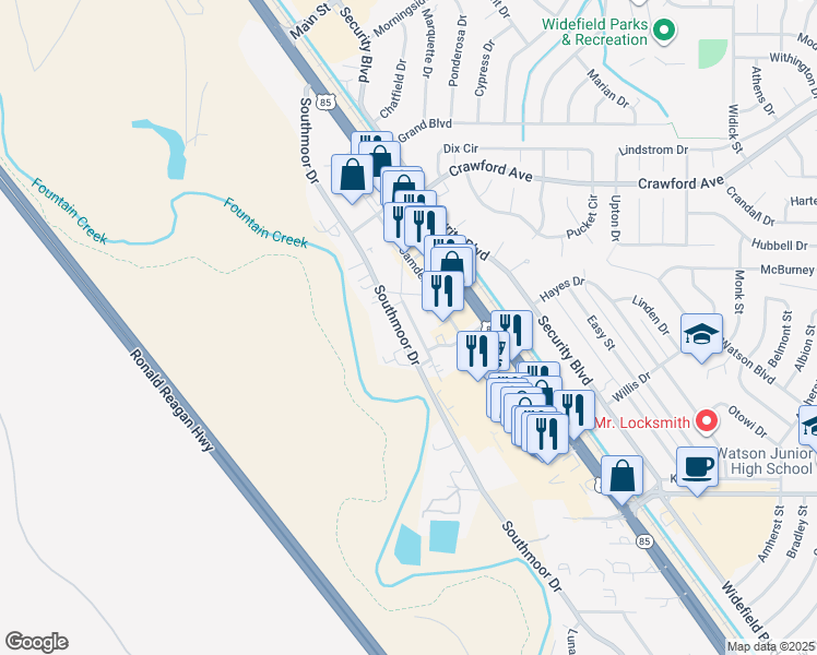 map of restaurants, bars, coffee shops, grocery stores, and more near 6631 Provincial Drive in Fountain