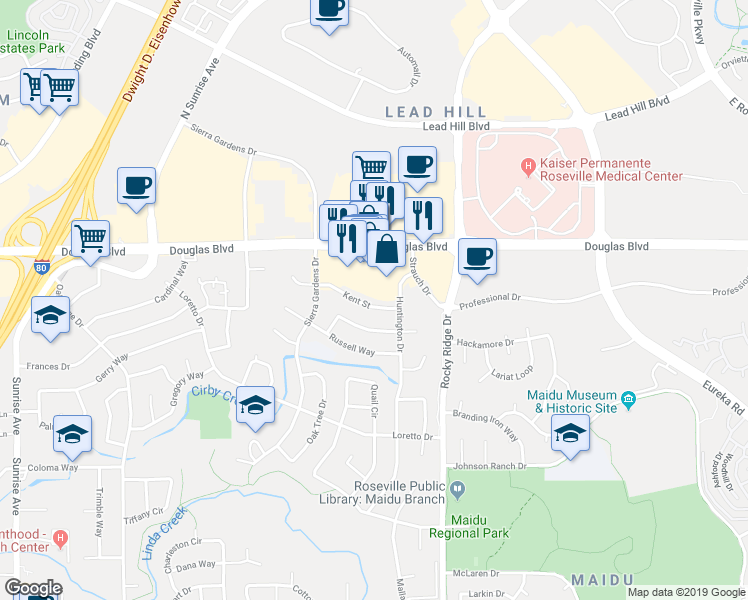 map of restaurants, bars, coffee shops, grocery stores, and more near 1724 Kent Street in Roseville