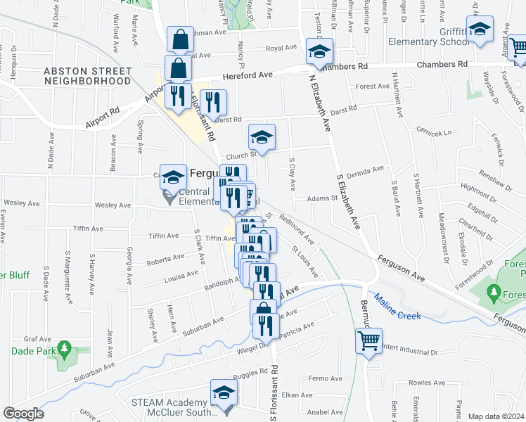 map of restaurants, bars, coffee shops, grocery stores, and more near 21 Adams Street in Ferguson