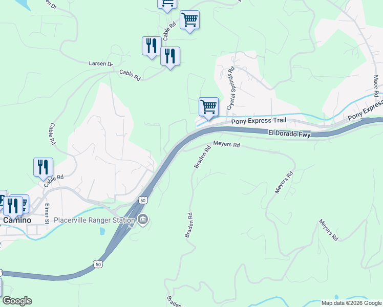 map of restaurants, bars, coffee shops, grocery stores, and more near 3026 Meyers Road in Camino