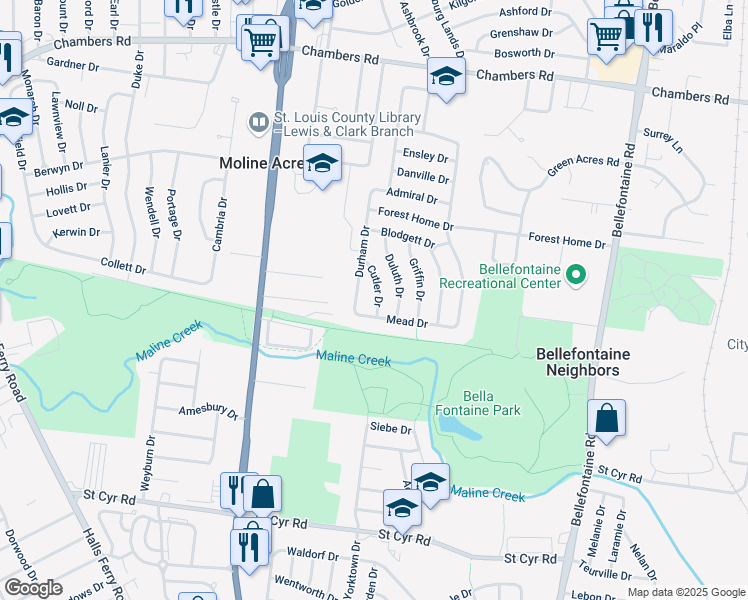map of restaurants, bars, coffee shops, grocery stores, and more near 9613 Cutler Drive in St. Louis
